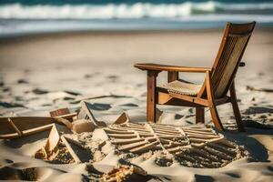 en stol och en trä- båt på de strand. ai-genererad foto