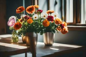 blommor i vaser på en tabell i främre av en fönster. ai-genererad foto