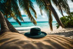 en hatt sitter på de sand nära handflatan träd. ai-genererad foto