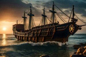 en pirat fartyg i de hav på solnedgång. ai-genererad foto