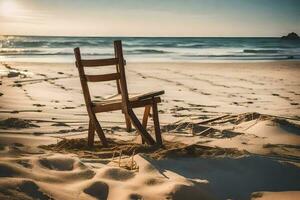 en stol Sammanträde på de strand på solnedgång. ai-genererad foto