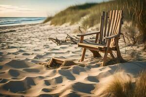 en trä- stol sitter på de sand nära de hav. ai-genererad foto