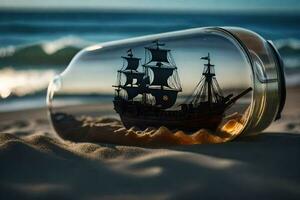 en fartyg i en flaska på de strand. ai-genererad foto