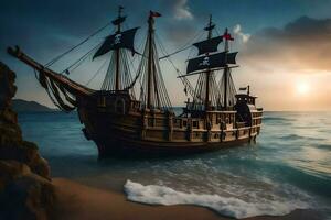en pirat fartyg är på de strand på solnedgång. ai-genererad foto