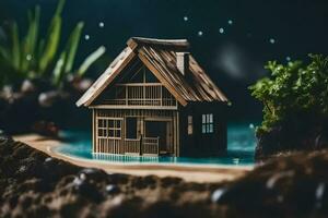 en miniatyr- hus på en damm omgiven förbi växter. ai-genererad foto