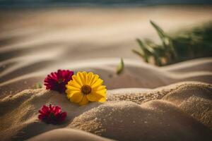 två blommor är Sammanträde i de sand på en strand. ai-genererad foto