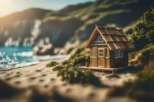 mycket liten hus på de strand. ai-genererad foto