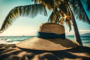 en sugrör hatt på de strand. ai-genererad foto