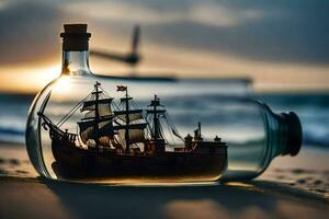 fartyg i en flaska, strand, sand, solnedgång, solnedgång, solnedgång, strand, sand,. ai-genererad foto