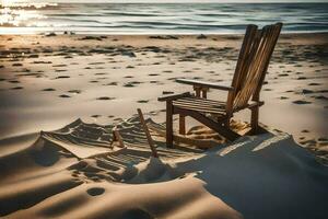 en stol sitter på de sand på solnedgång. ai-genererad foto