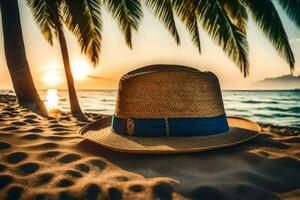 en sugrör hatt på de strand. ai-genererad foto