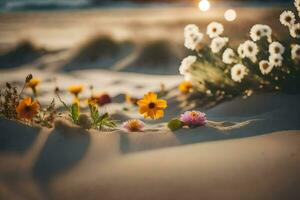 blommor i de sand på solnedgång. ai-genererad foto