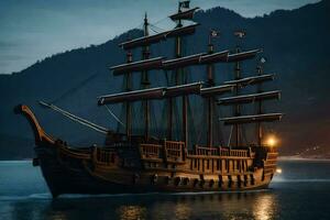 en pirat fartyg i de hav på natt. ai-genererad foto