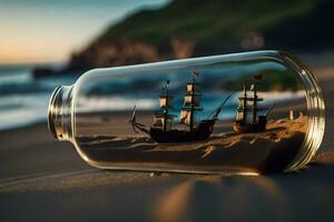 en flaska med en fartyg inuti av den på de strand. ai-genererad foto