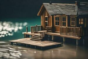 en miniatyr- trä- hus på en docka förbi de vatten. ai-genererad foto