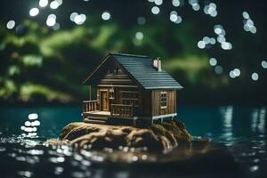 en små trä- hus sitter på en sten i de vatten. ai-genererad foto