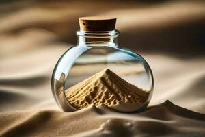 en flaska av sand med en pyramid inuti. ai-genererad foto