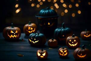 halloween pumpor på en tabell med lampor. ai-genererad foto