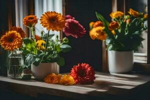 blommor på en fönster tröskel. ai-genererad foto