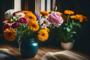 en vas av färgrik blommor Sammanträde på en tabell. ai-genererad foto