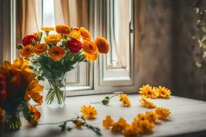 orange och gul blommor i en vas på en fönster tröskel. ai-genererad foto