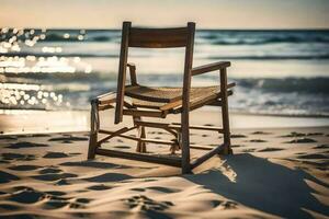 en trä- stol sitter på de strand på solnedgång. ai-genererad foto