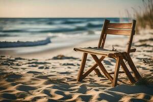 en trä- stol sitter på de strand på solnedgång. ai-genererad foto