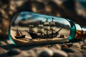 en flaska med en fartyg inuti av den på en strand. ai-genererad foto