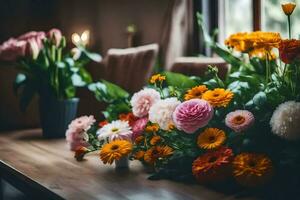 blommor på en tabell i främre av en fönster. ai-genererad foto