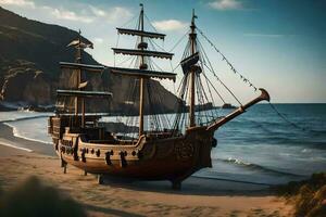 en pirat fartyg på de strand. ai-genererad foto