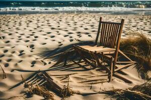 en stol sitter på de sand nära de hav. ai-genererad foto