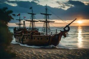 en pirat fartyg på de strand på solnedgång. ai-genererad foto