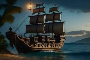 en pirat fartyg är segling på de hav på natt. ai-genererad foto