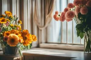 blommor i vas på fönster tröskel. ai-genererad foto