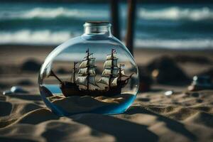 en små fartyg i en flaska på de strand. ai-genererad foto