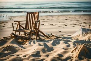 en strand stol och paraply på de sand. ai-genererad foto