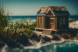 en miniatyr- trä- hus på de strand. ai-genererad foto