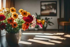 en vas av blommor på en tabell i en rum. ai-genererad foto