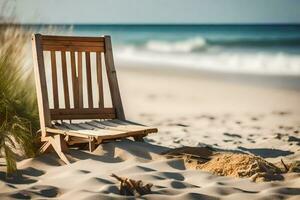 en trä- stol sitter på de sand nära de hav. ai-genererad foto