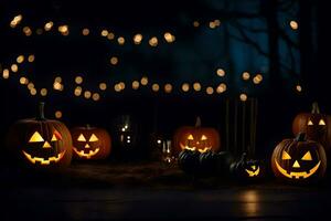 halloween pumpor i de mörk med lampor. ai-genererad foto