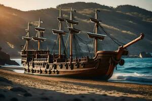 en trä- pirat fartyg på de strand. ai-genererad foto
