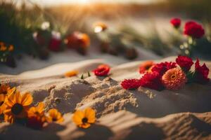 Foto tapet sand, blommor, de Sol, de strand, blommor, blommor, blommor, blommor. ai-genererad