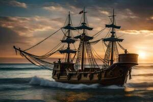 en trä- fartyg i de hav på solnedgång. ai-genererad foto