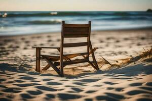 en strand stol sitter på de sand nära de hav. ai-genererad foto