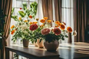 blommor i vaser på en tabell i främre av en fönster. ai-genererad foto