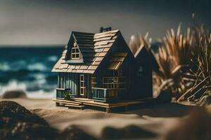 en miniatyr- hus på de strand förbi de hav. ai-genererad foto