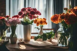 blommor i vaser på en tabell. ai-genererad foto
