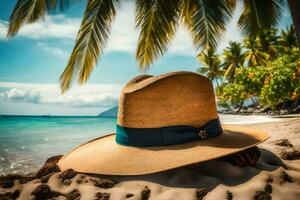 en sugrör hatt på de strand. ai-genererad foto