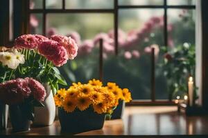 blommor på en fönster tröskel. ai-genererad foto