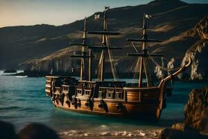 en pirat fartyg är dockad på de strand. ai-genererad foto
